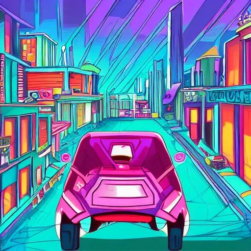 Prompt: A dystopian futuristic city street with a cat sitting on a car, digital painting, Lisa Frank colors