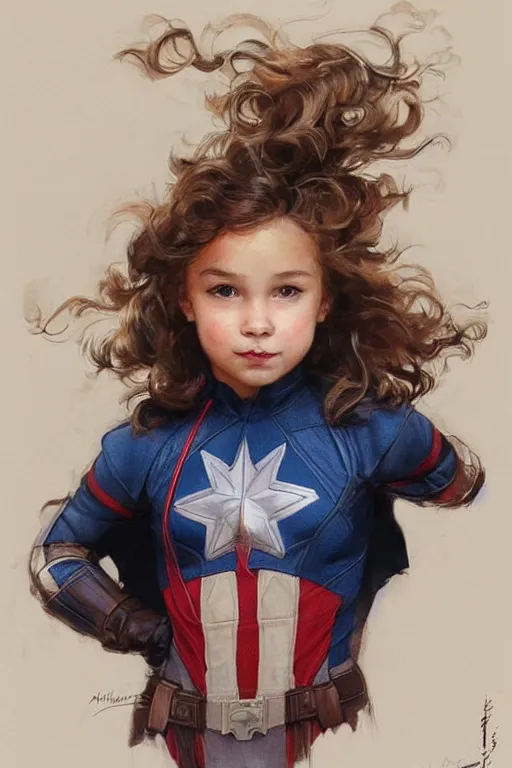 Image similar to a little girl with a mischievous face and short!! light brown curly wavy hair. she is dressed as captain america, spider - man, batman, captain marvel, a superhero. clean elegant painting, beautiful detailed face. by artgerm and greg rutkowski and alphonse mucha