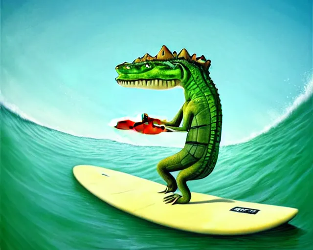 Image similar to a crocodile surfing on a longboard, tube wave, funny cartoonish, by gediminas pranckevicius h 7 0 4