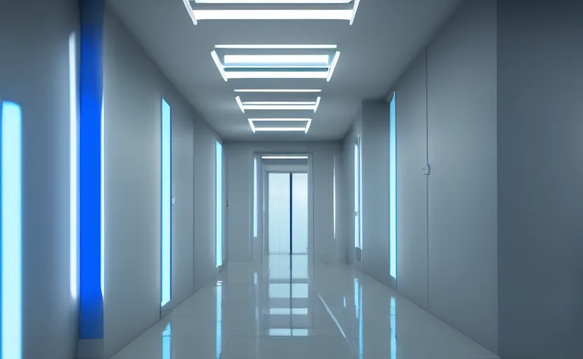 Image similar to an hallway in hospital with soft blue lights in the roof, octane render, artstation trending, highly detailded