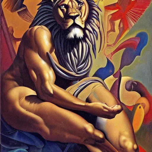 Prompt: Beautiful Caravaggio and kandinsky style art deco oil painting of very muscular lion, highly detailed, Nigredo, dark enlightenment, alchemy, Art deco, Vibrant volumetric natural light In style of Josan Gonzalez and Mike Winkelmann and andgreg rutkowski and alphonse muchaand and Caspar David Friedrich and Stephen Hickman and James Gurney and Hiromasa Ogura.