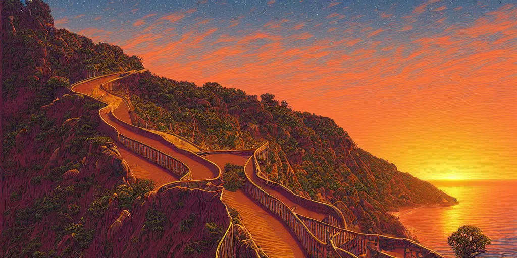 Image similar to epic professional digital art of a lonely street on a cliff over the sea at sunset, by Casey Weldon, dan mumford 8k ultra high definition, upscaled, perfect composition , golden ratio