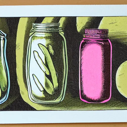 Image similar to a risograph of a pickle jar