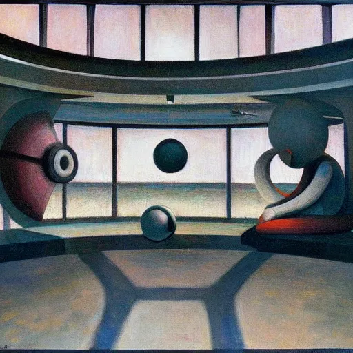 Prompt: three brutalist robotic seers watchers oracles soothsayers inside a dome, pj crook, grant wood, edward hopper, syd mead, chiaroscuro, oil on canvas