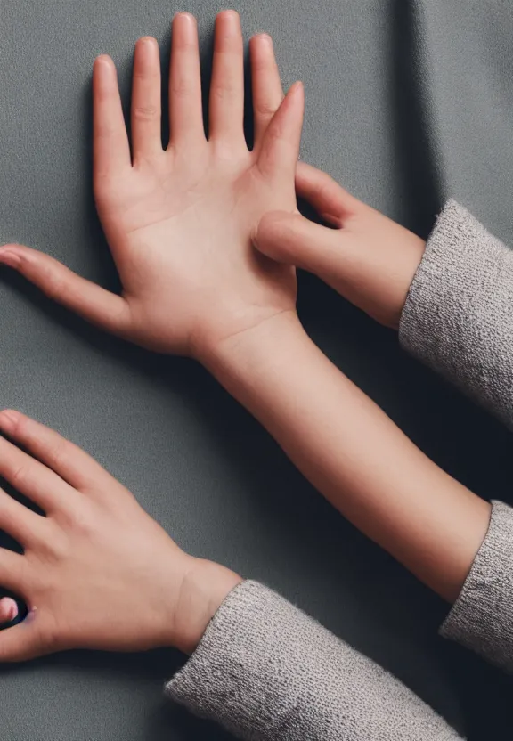 Prompt: photorealistic woman's hand with palm up, back of hand on the table, palm pattern visible, instagram photo, studio photo, 9 0 mm, f / 1. 4