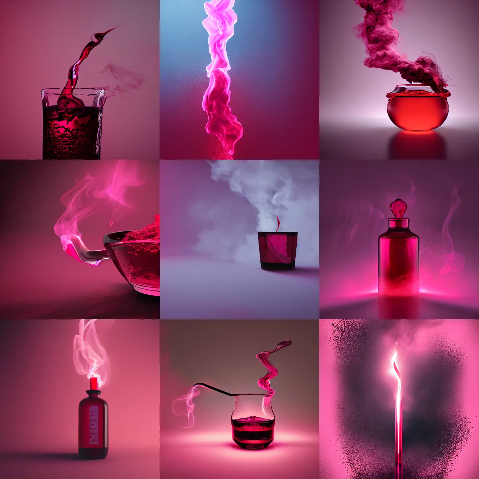 Prompt: elixer potion of intense emotion + pink with dark red hue, dramatic lighting, smoke eminating from the top, octane render, photoreal