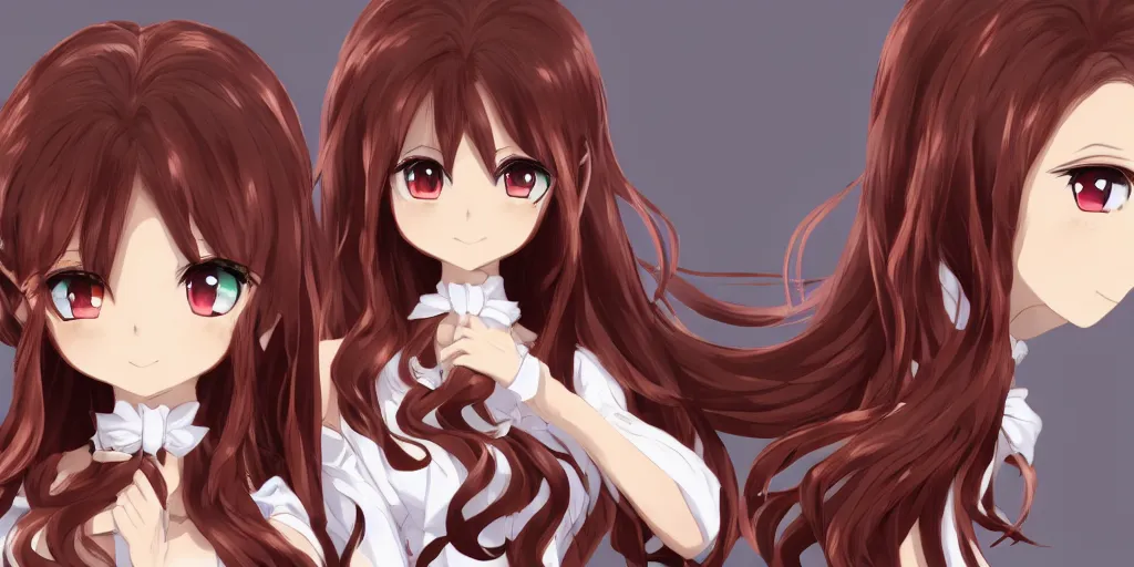 Prompt: An anime girl with extensively long coral brown hair that she keeps tied up in a high ponytail tied back with a large white bow, curled slightly at the ends, full body sprite, anime key frame