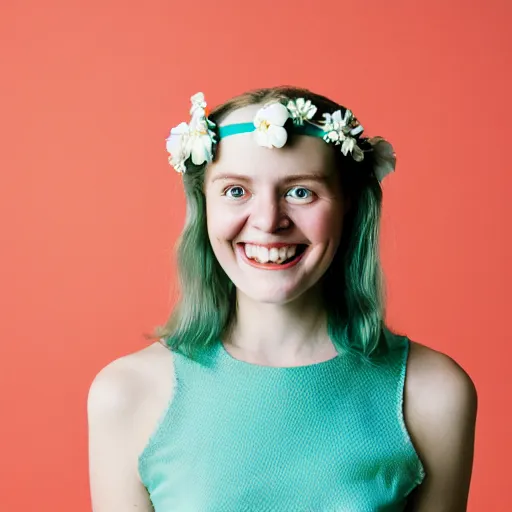 Image similar to a photograph of beautiful nordic woman, duchenne smile, wearing a white folkdrakt dress, she has a summer flower headband. against a teal studio backdrop. strong kodak portra 4 0 0 film look. film grain. cinematic. in - focus