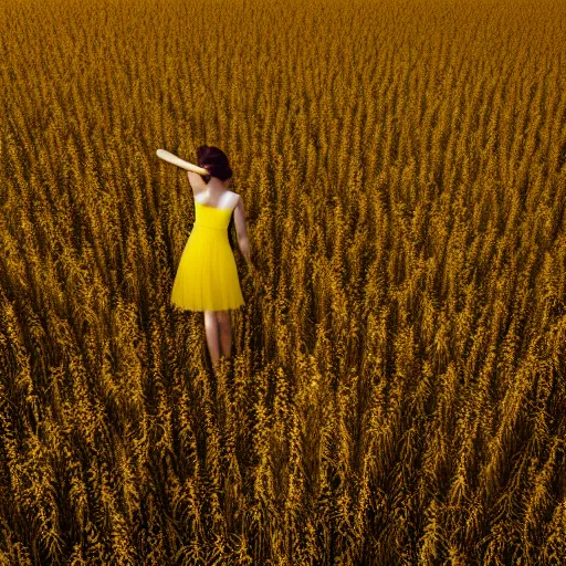 Prompt: very coherent hyper realistic symmetrical photo, perfect body, aerial shot, a beautiful photo from the back of a petite brunette girl in a transparent sheer fabric white dress standing on a bright yellow rye field, a lot of clouds, trending on artstation, detailed, mild, ethereal, elegant, tender