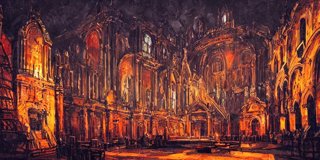 Prompt: Rammstein performing live on stage, 19th century cathedral style with lights and large sound speakers, by Megan Duncanson and Raphael Lacoste, detailed 3d gothic oil painting