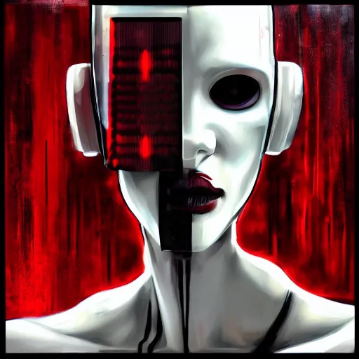 Image similar to cyberpunk human robot, scary, menacing, red and black and white, varnished painting, visible canvas, highly reflective, realistic reflections, realistic lighting, glossy, realistic