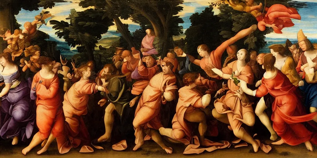 Image similar to renaissance era painting of a food fight