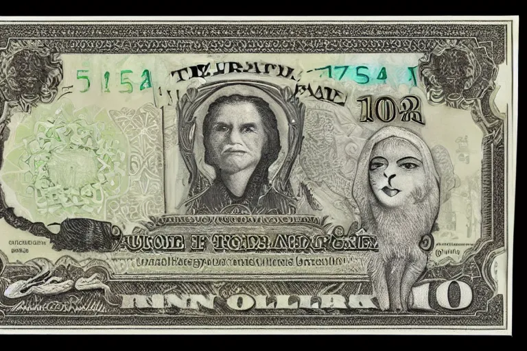 Image similar to one dollar banknote with cute caracal face on it, intaglio style, photo realistic, ultra detailed