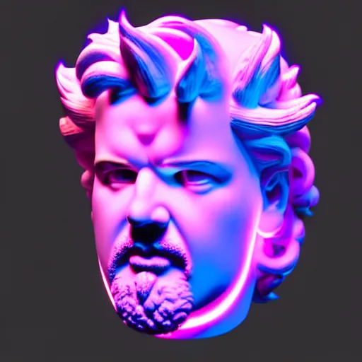 Image similar to sci - fi cgartist wide shot anaglyph ambient occlusion rendering of a hyper realistic marble greek statuary regal god head resembling guy fieri glowing with embedded vaporwave leds product photo high key colored lighting, trending on artstation volumetric lighting