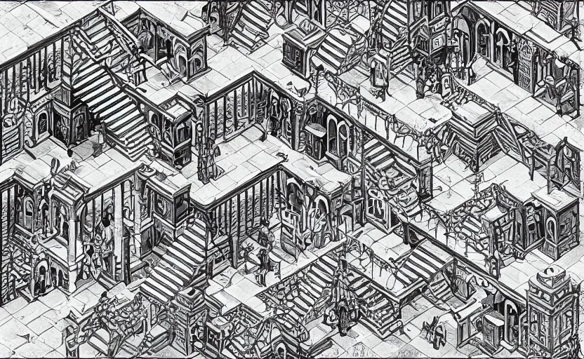 Image similar to Greek Keys, Computers and Staircases isometric wonderland viewscape labyrinthe B&W by MC Escher