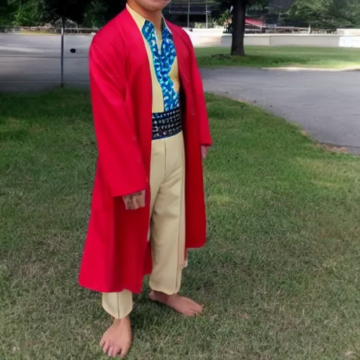 Prompt: an asian guys in a 1970s bastman costume