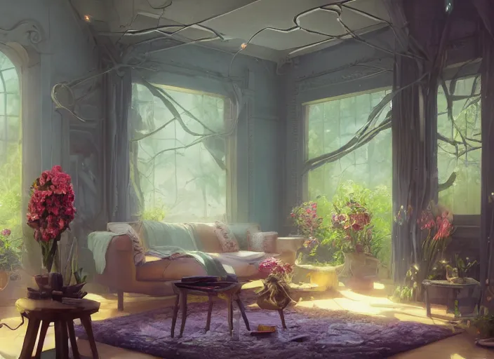 Image similar to inside a living room with flowers, thin contur lines, unreal engine, fantasy art by greg, loish, rhads, ferdinand knab, tom bagshaw, makoto shinkai and lois van baarle, rossdraws, ilya kuvshinov, night lighting, trending on studio ghibli, highly detailed, 8 k, octane render