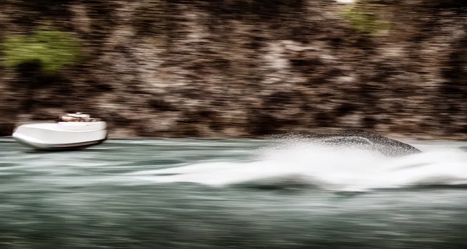 Prompt: a speedboat designed like a viking ship sailing down a river, f / 2. 8, motion blur