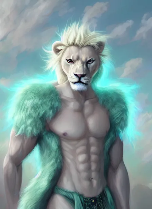 Image similar to aesthetic portrait commission of a of a male fully furry muscular anthro albino lion with a tail and a beautiful attractive hyperdetailed face wearing stylish and creative wearing mint outfit made out of silk in a sci-fi dystopian city at golden hour while it storms in the background. Character design by charlie bowater, ross tran, artgerm, and makoto shinkai, detailed, inked, western comic book art, 2021 award winning film poster painting