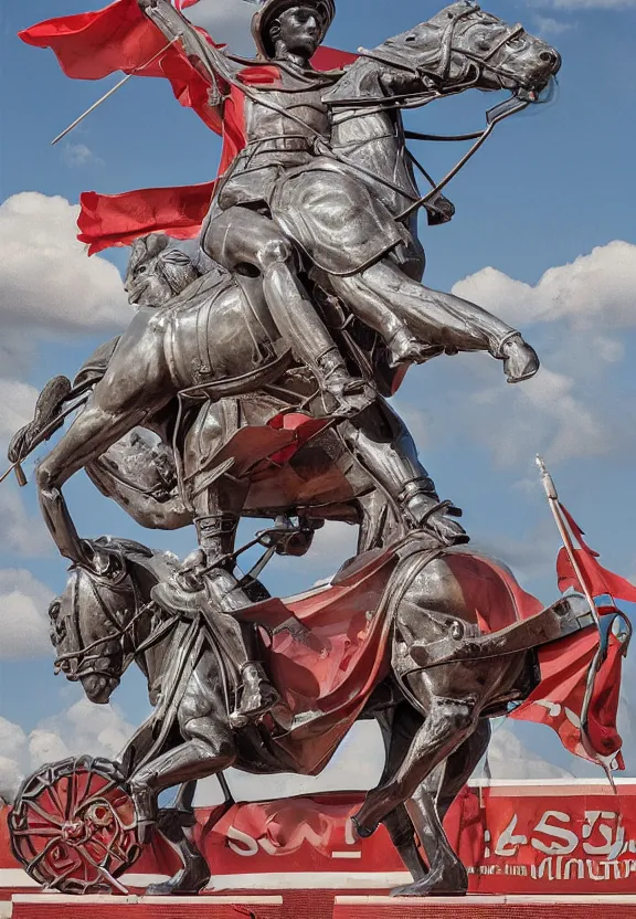 Prompt: [A sculpture of St.Georges on a bike. Soviet!!!! Propaganda!!!! poster!!!!!!!!!!, promotional poster, advertising, composition, graphic design, elegant, highly detailed, digital painting, artstation, concept art, matte, sharp focus, illustration, octane render, unreal engine, photography]