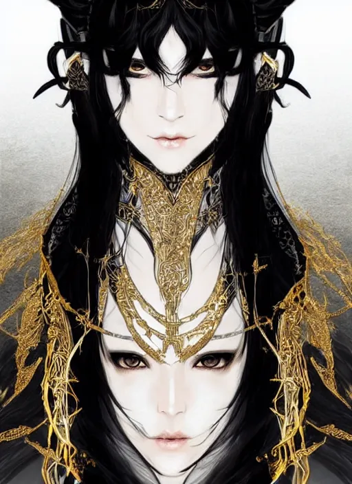 Image similar to Half body portrait of a beautiful elven healer with long straight black hair wearing ornate white and gold attire. In style of Yoji Shinkawa and Hyung-tae Kim, trending on ArtStation, dark fantasy, great composition, concept art, highly detailed, dynamic pose.