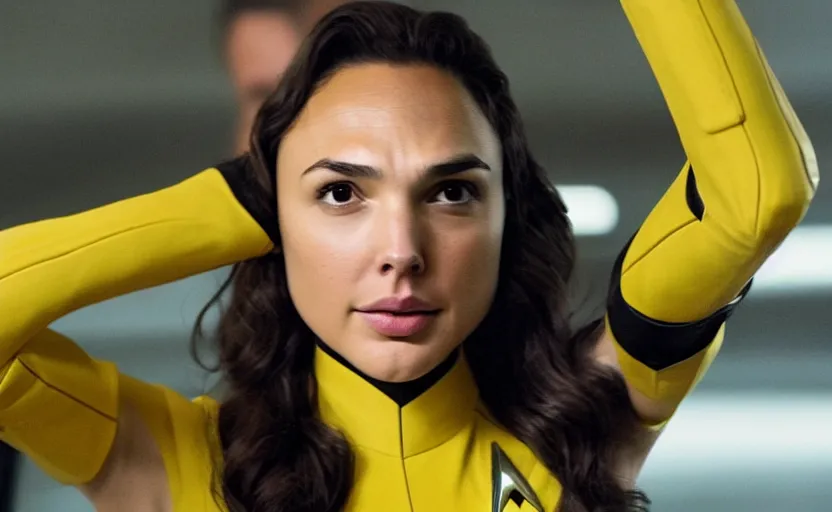 Image similar to Gal Gadot, wearing a yellow uniform, is the captain of the starship Enterprise in the new Star Trek movie