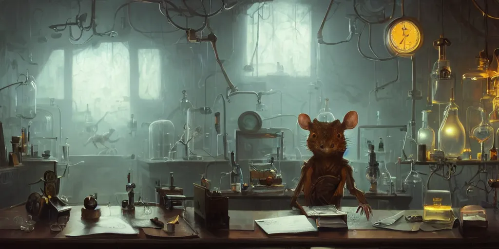 Image similar to humanoid rat in a laboratory sitting at a desk with lots of flasks filled with magic liquids and poisonous fog, stephen bliss, unreal engine, fantasy art by greg rutkowski, loish, rhads, ferdinand knab, ilya kuvshinov, rossdraws, tom bagshaw, global illumination, radiant soft light, detailed and intricate environment