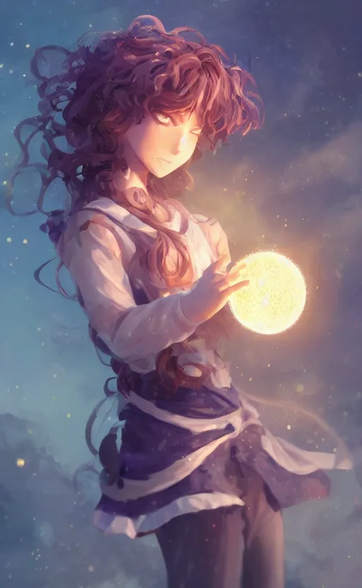 Image similar to anime girl with curly hair holding a magical orb, WLOP, concept art, digital painting, trending on artstation, highly detailed, epic composition, 8k UHD