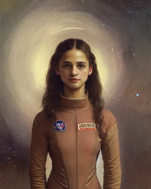 Image similar to a portrait painting of a shy, blushing 1 6 - year old astronaut resembling alicia vikander wearing a skintight spacesuit at night with a sky full of stars, intricate, elegant, highly detailed, artstation, concept art, by krenz cushart and artem demura and william adolph bouguereau and alphonse mucha