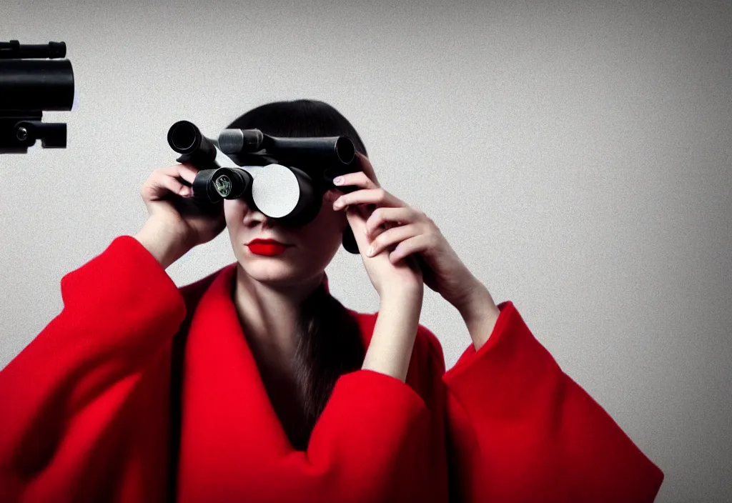 Prompt: young european woman in a long red coat peering through binoculars, portait, in the style of wes anderson, rene magritte, lola dupre, david hockney, isolated on white background, dark monochrome neon spraypaint accents octane render