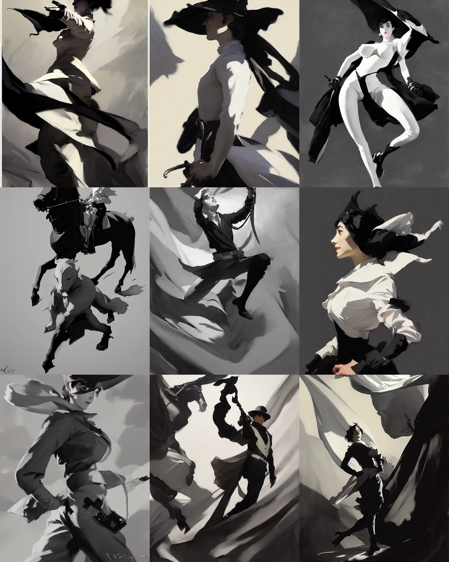 Image similar to black and white cloth fabric jodhpurs greg manchess painting by sargent and leyendecker, studio ghibli, fantasy, medium shot, asymmetrical, intricate, elegant, matte painting, illustration, hearthstone, by greg rutkowski, by greg tocchini, by james gilleard, by joe fenton