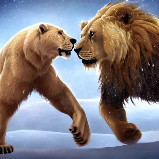 Prompt: A Polar Bear fighting an Male Lion, artstation, 4k detailed