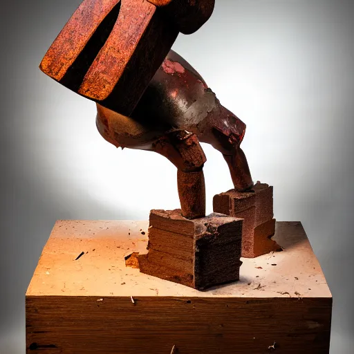 Image similar to studio photography of a wooden hammer smashing into a smashed ancient idol statue getting hammered into pieces, cracked, destroyed, dramatic lighting