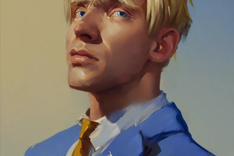 Image similar to greg manchess portrait of a blond man in a blue suit shock of being hurt, organic painting, sunny day, matte painting, bold shapes, hard edges, street art, trending on artstation, by huang guangjian, gil elvgren, ruan jia, randy vargas, greg rutkowski