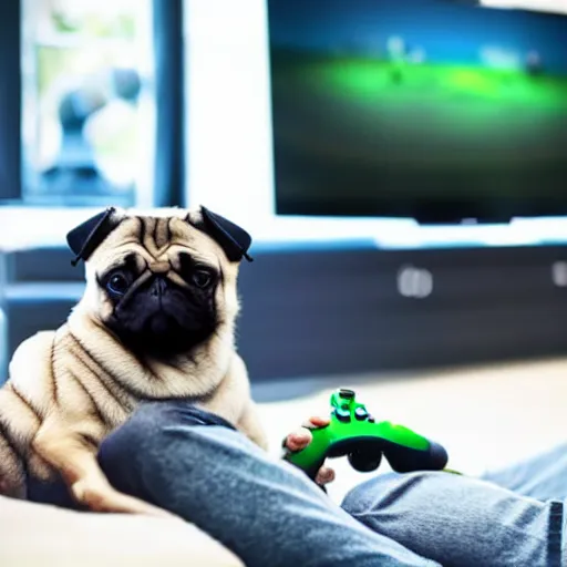 Prompt: pug wearing headphones, holding controller, intensely gaming on his TV