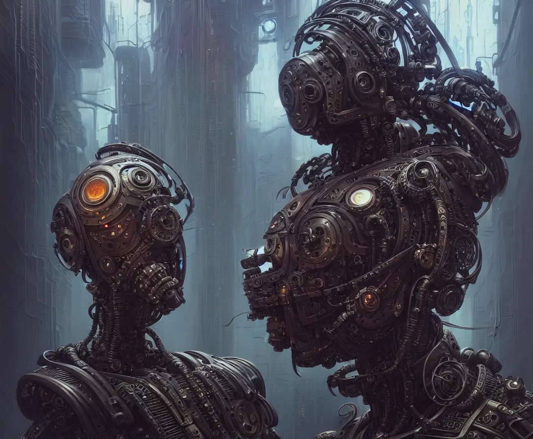 Prompt: low angle shot of a cyberpunk robot character wearing a gazmask, intricate, elegant, highly detailed, centered, front, digital painting, artstation, concept art, smooth, sharp focus, illustration, artgerm, Tomasz Alen Kopera, Peter Mohrbacher, donato giancola, Joseph Christian Leyendecker, WLOP, Boris Vallejo