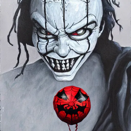 Image similar to grunge painting of spiderman with a wide smile and a red balloon by chris leib, loony toons style, pennywise style, corpse bride style, horror theme, detailed, elegant, intricate, conceptual, volumetric light