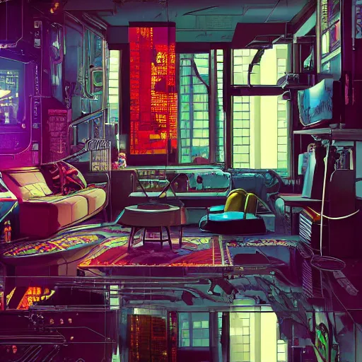 Image similar to the cyberpunk apartment, render, octane, 4k, highly detailed, vivid colors, high definition, by Victo Ngai