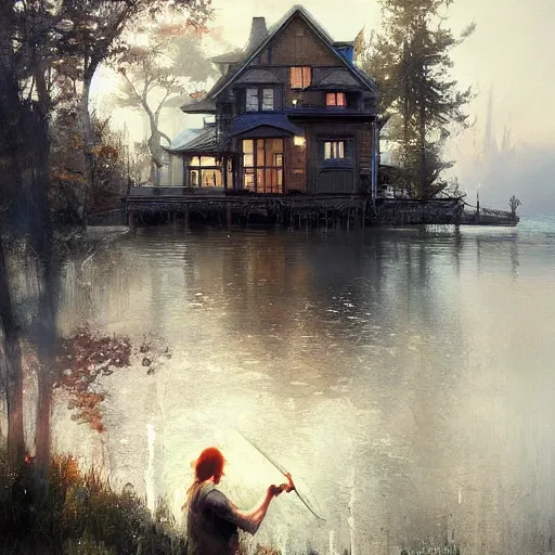 Image similar to a house by the lake, painted by raymond swanland, painted by greg rutkowski, painted by jeremy mann, painted by artgerm, painted by igor kieryluk, trending on artstation