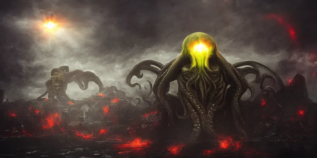 Prompt: cthulhu with face of putin destroying a center of moscow, dark, trending on artstation, digital art, fog, sun flare, rain