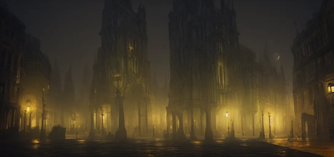 Prompt: dramatic render of exterior of dark gothic city at night, accurate ray tracing, glowing fog, bright yellowish moonlight shining through, ambient occlusion, unreal engine, detailed, vibrant, visually striking, trending on artstation, by greg rutowski and jordan grimmer