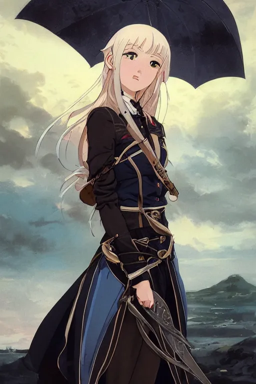 Image similar to baroque oil painting character ln illustration concept art lotr anime key visual, young female nazi maid bikini, long flowing blonde hair blue eyes, symmetrical perfect face fine detail delicate features quiet gaze, full black military uniform, gapmoe kuudere bokeh, trending pixiv fanbox, hell, fire, by greg rutkowski makoto shinkai takashi takeuchi studio ghibli