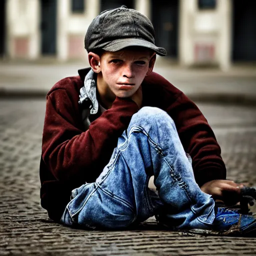 Prompt: A portrait of a homeless teenage caucasian boy with a dirty face and a melancholic expression wearing a classical jeans English cap sitting on the curbs of an 1800's Amsterdam street, by Lee Jeffries, harsh lighting, Steve McCurry
