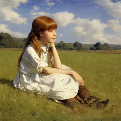 Image similar to a girl sitting in a meadow, art by walter langley, anime wallpaper, pixiv, walter langley style