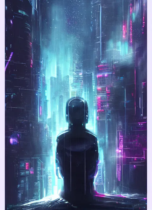 Image similar to lonely one cyber godly person made of cosmic nebula galaxy energy watching a vast rainy colorful complex cyberpunk futuristic city from behind at night through a window in a room, 8 k, photorealistic, concept art, wet, highly detailed, cinematic mood by ridley scott, ghost in the shell, akita, digital painting, trending on artstation, glowing lights, sharp focus, epic