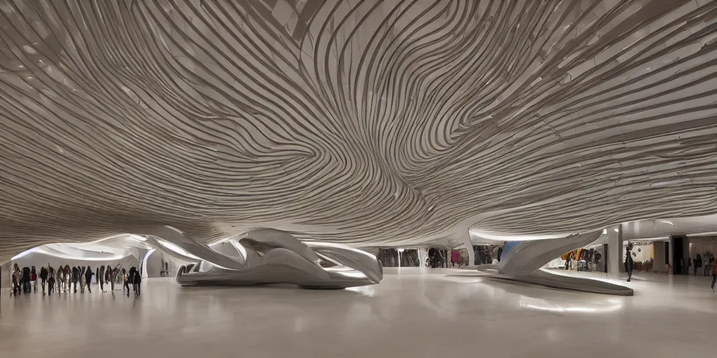 Image similar to extremely detailed ornate stunning sophisticated beautiful elegant futuristic museum lobby interior by Zaha Hadid, stunning volumetric light, stainless steal, concrete, translucent material, beautiful sunset, tail lights