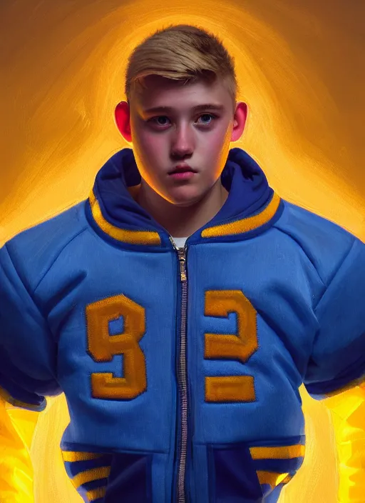 Image similar to portrait of high school senior boy named big moose, blonde short hair, jock, beefy, wide face, square jaw, square facial structure, blue varsity jacket with letter r, intricate, elegant, glowing lights, highly detailed, digital painting, artstation, concept art, sharp focus, illustration, art by wlop, mars ravelo and greg rutkowski