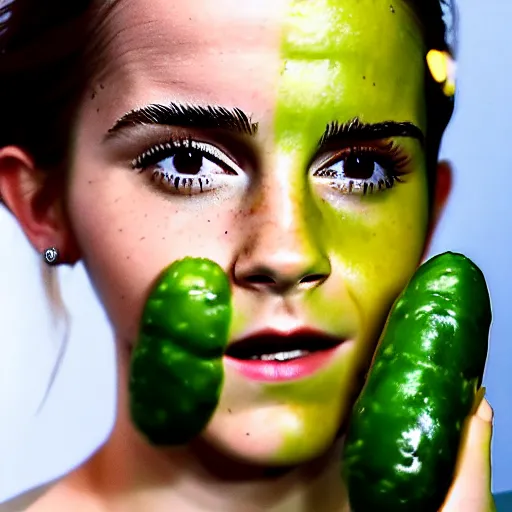 Prompt: emma watson is a pickle!!!, highly detailed, cinematic, extremely high quality, hd, 4 k, 8 k, professional photographer, 4 0 mp, lifelike, top - rated, award winning, realistic, detailed lighting, detailed shadows, sharp, no blur, edited, corrected, trending