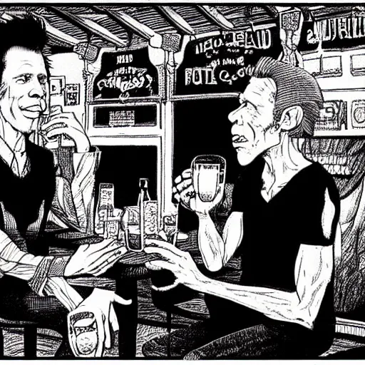 Image similar to Tom Waits and Iggy Pop in a pub by Robert Crumb