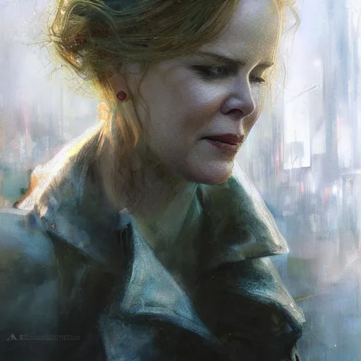 Image similar to nicole kidman, hyperrealistic portrait, bladerunner street, art of elysium by jeremy mann and alphonse mucha, fantasy art, photo realistic, dynamic lighting, artstation, poster, volumetric lighting, very detailed face, 4 k, award winning